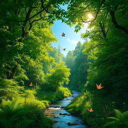 A serene, lush forest landscape with vibrant, dense greenery