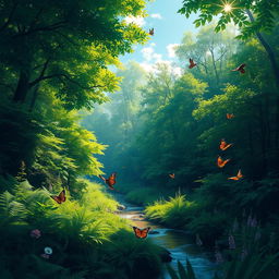 A serene, lush forest landscape with vibrant, dense greenery