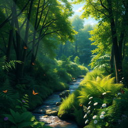 A serene, lush forest landscape with vibrant, dense greenery