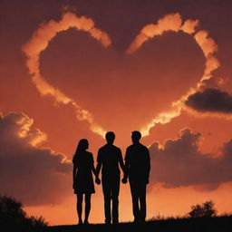 A silhouette of a couple holding hands, gazing at the heart-shaped clouds floating in the vibrant orange sky. The entire scene is set in a landscape orientation.