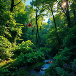 A serene, lush forest landscape with vibrant, dense greenery