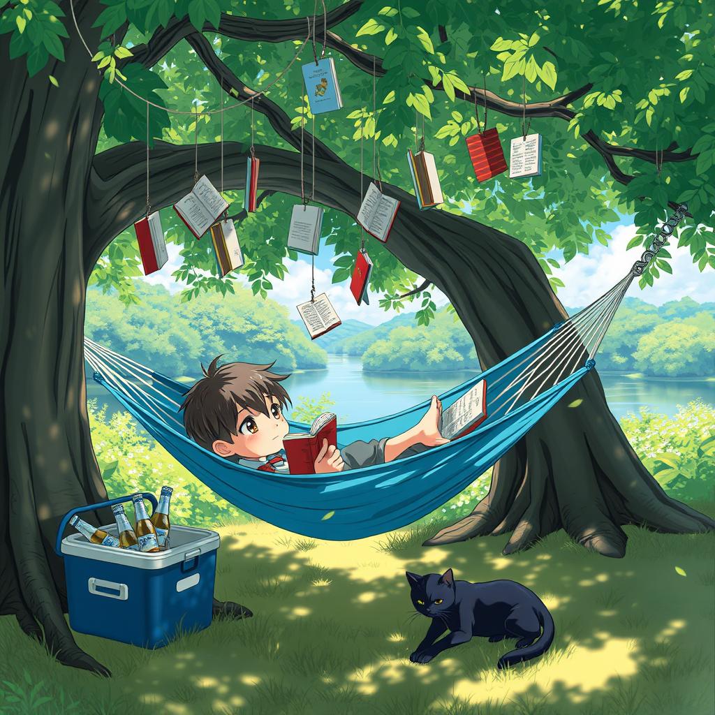 An enchanting and serene anime scene depicting a young child lying comfortably in a blue hammock under the shade of a large, leafy tree on a sunny day