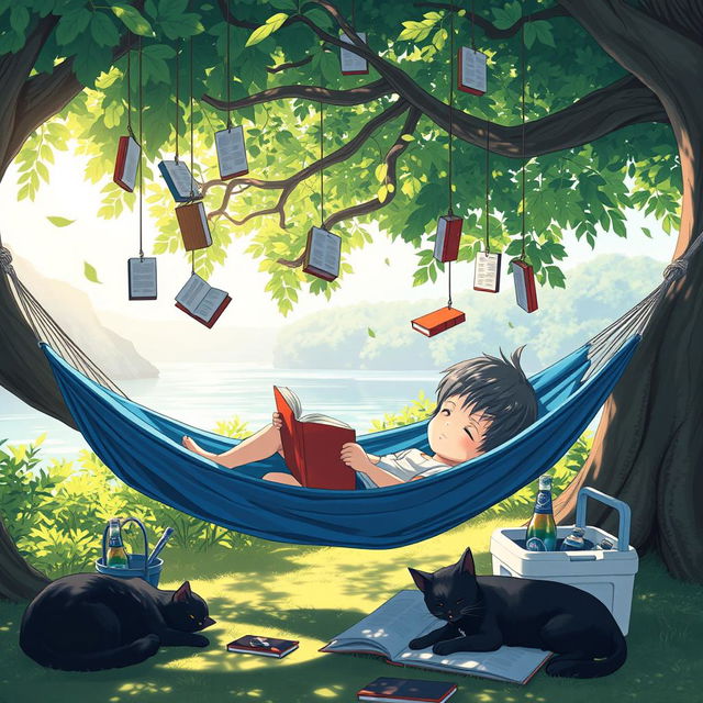 An enchanting and serene anime scene depicting a young child lying comfortably in a blue hammock under the shade of a large, leafy tree on a sunny day