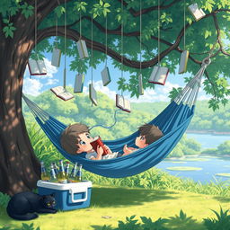 An enchanting and serene anime scene depicting a young child lying comfortably in a blue hammock under the shade of a large, leafy tree on a sunny day