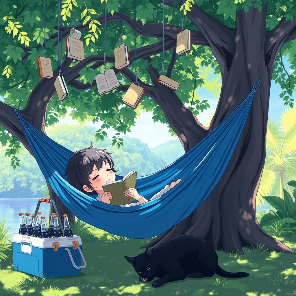 An enchanting and serene anime scene depicting a child lying comfortably in a blue hammock under the shade of a large, leafy tree on a sunny day