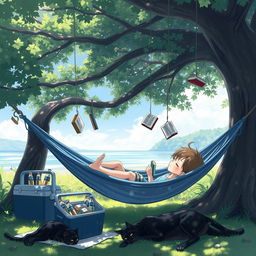 An enchanting and serene anime scene depicting a child lying comfortably in a blue hammock under the shade of a large, leafy tree on a sunny day