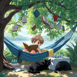 An enchanting and serene anime scene depicting a child lying comfortably in a blue hammock under the shade of a large, leafy tree on a sunny day