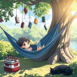 An enchanting and serene anime scene depicting a child lying comfortably in a blue hammock under the shade of a large, leafy tree on a sunny day