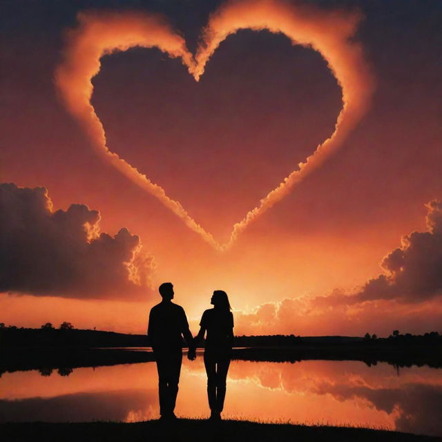 A silhouette of a couple holding hands, gazing at the heart-shaped clouds floating in the vibrant orange sky. The entire scene is set in a landscape orientation.