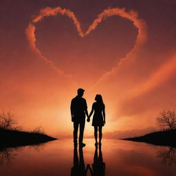 A silhouette of a couple holding hands, gazing at the heart-shaped clouds floating in the vibrant orange sky. The entire scene is set in a landscape orientation.