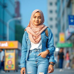 A stylish teenager wearing a hijab paired with casual blue jeans, showcasing a modern and trendy outfit