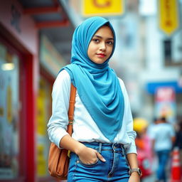 A stylish teenager wearing a hijab paired with casual blue jeans, showcasing a modern and trendy outfit