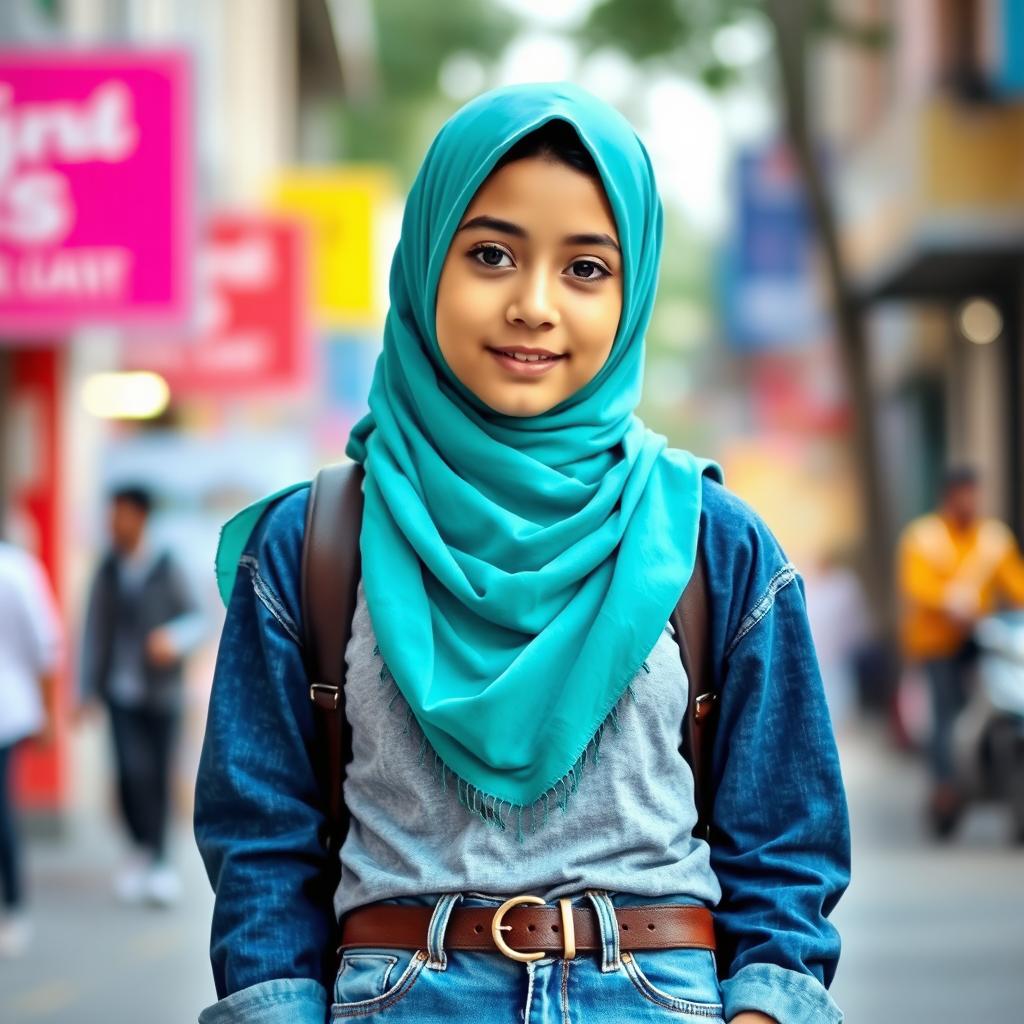 A stylish teenager wearing a hijab paired with casual blue jeans, showcasing a modern and trendy outfit