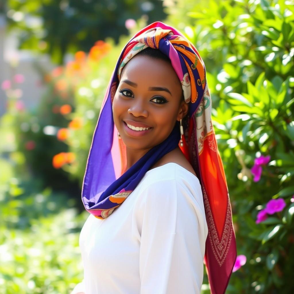 a person in a vibrant garden setting, suggesting elegance and allure with a colorful headscarf, amidst lush greenery and soft sunlight, exuding a warm and inviting aura