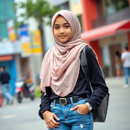 A stylish teenager wearing a hijab paired with casual blue jeans, showcasing a modern and trendy outfit