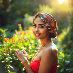 a person in a vibrant garden setting, suggesting elegance and allure with a colorful headscarf, amidst lush greenery and soft sunlight, exuding a warm and inviting aura