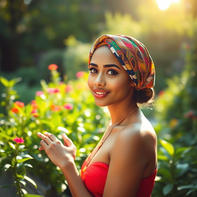 a person in a vibrant garden setting, suggesting elegance and allure with a colorful headscarf, amidst lush greenery and soft sunlight, exuding a warm and inviting aura