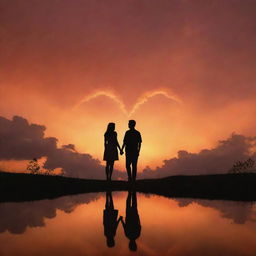 A silhouette of a couple holding hands, gazing at the heart-shaped clouds floating in the vibrant orange sky. The entire scene is set in a landscape orientation.