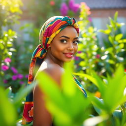 a person in a vibrant garden setting, suggesting elegance and allure with a colorful headscarf, amidst lush greenery and soft sunlight, exuding a warm and inviting aura