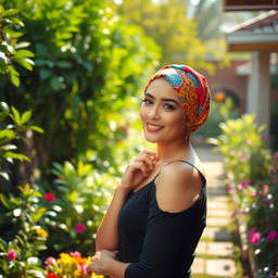 a person in a vibrant garden setting, suggesting elegance and allure with a colorful headscarf, amidst lush greenery and soft sunlight, exuding a warm and inviting aura