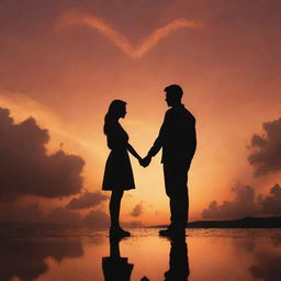 Landscape view of a couple's silhouette holding hands, mesmerized by heart-shaped clouds in an orange-tinted sky