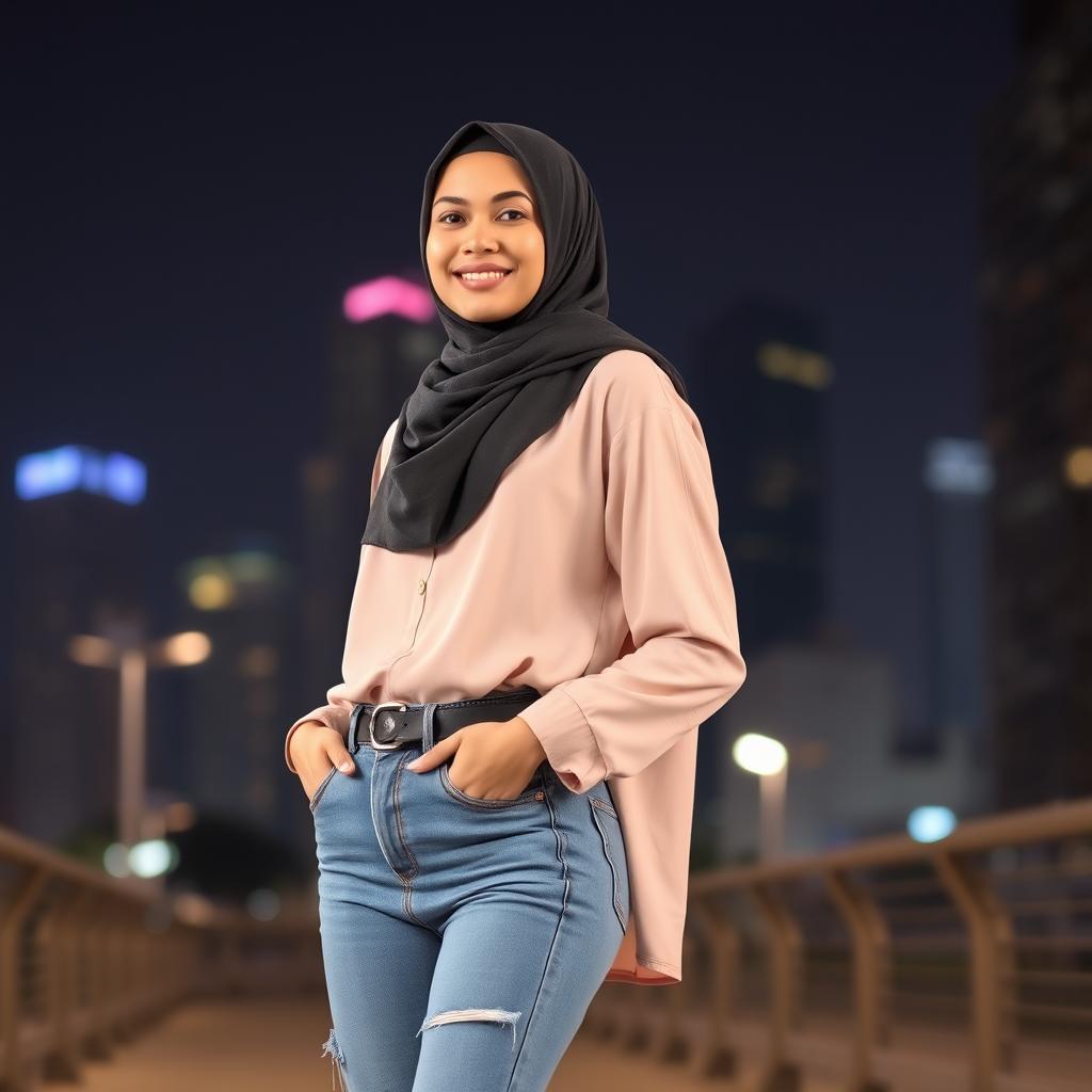 A stylish and confident 18-year-old young woman wearing a hijab and jeans, showcasing modern Islamic fashion