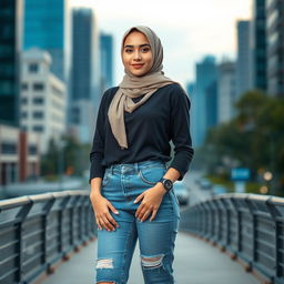 A stylish and confident 18-year-old young woman wearing a hijab and jeans, showcasing modern Islamic fashion