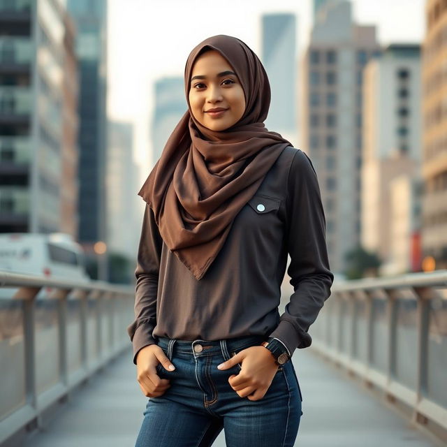 A stylish and confident 18-year-old young woman wearing a hijab and jeans, showcasing modern Islamic fashion