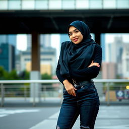 A stylish and confident 18-year-old young woman wearing a hijab and jeans, showcasing modern Islamic fashion