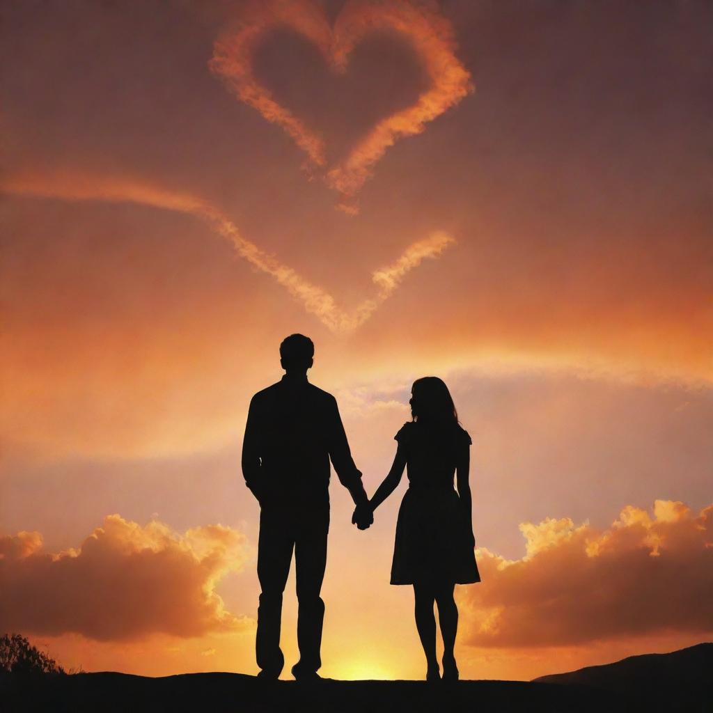 Landscape view of a couple's silhouette holding hands, mesmerized by heart-shaped clouds in an orange-tinted sky