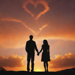 Landscape view of a couple's silhouette holding hands, mesmerized by heart-shaped clouds in an orange-tinted sky