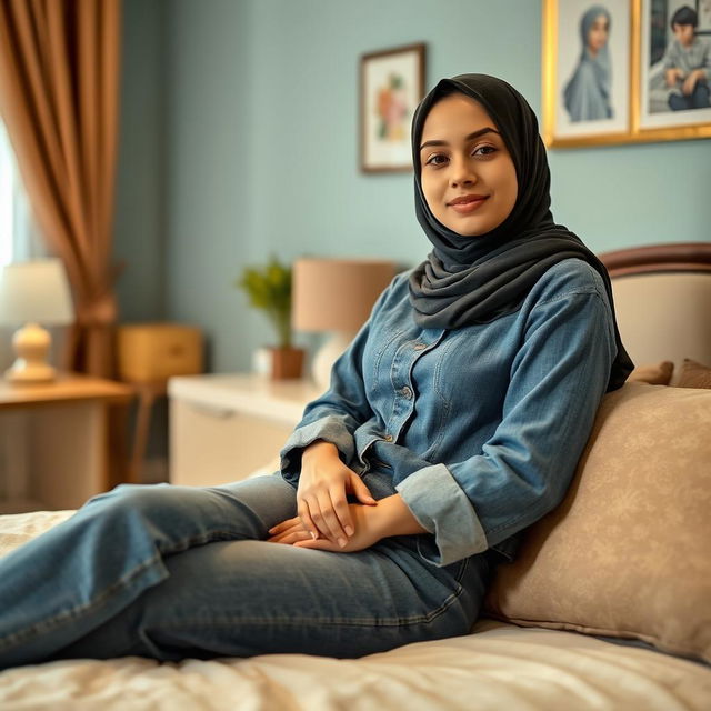 A hijab-wearing 18-year-old young woman in jeans relaxing in her cozy bedroom