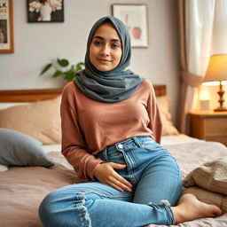 A hijab-wearing 18-year-old young woman in jeans relaxing in her cozy bedroom