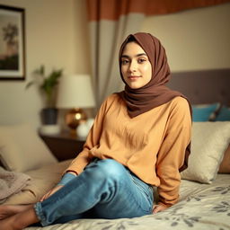 A hijab-wearing 18-year-old young woman in jeans relaxing in her cozy bedroom