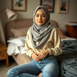 A hijab-wearing 18-year-old young woman in jeans relaxing in her cozy bedroom