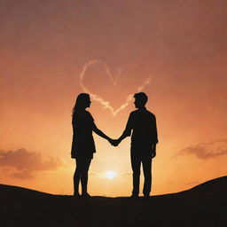 Landscape view of a couple's silhouette holding hands, mesmerized by heart-shaped clouds in an orange-tinted sky