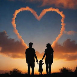 A landscape-oriented image featuring the silhouette of a couple holding hands, looking up at a cloudy sky with a heart-shaped opening, all bathed in an orange glow.