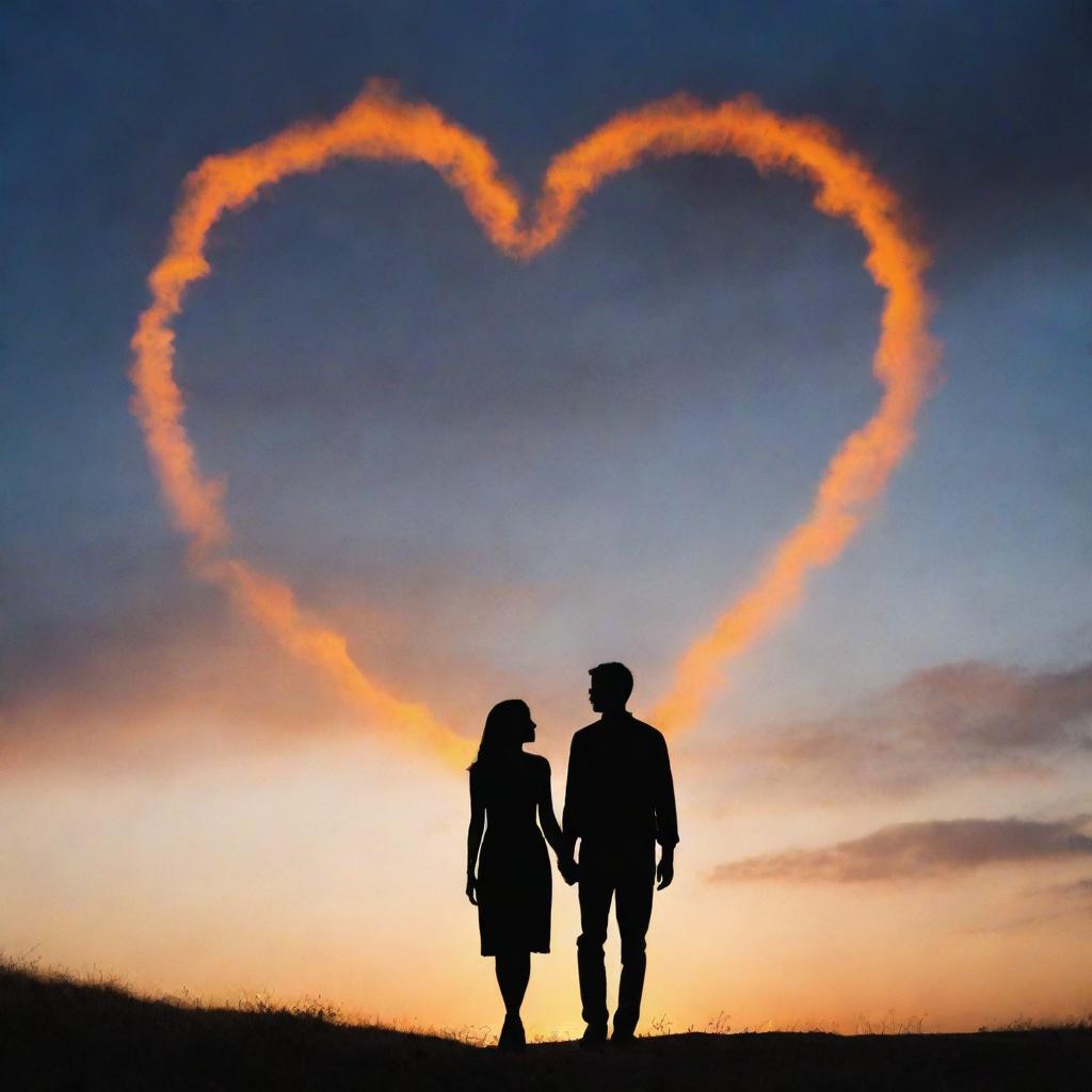 A landscape-oriented image featuring the silhouette of a couple holding hands, looking up at a cloudy sky with a heart-shaped opening, all bathed in an orange glow.