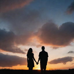 A landscape-oriented image featuring the silhouette of a couple holding hands, looking up at a cloudy sky with a heart-shaped opening, all bathed in an orange glow.