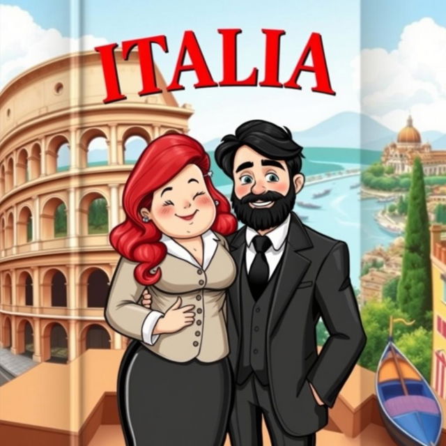 Book cover with an Italian backdrop, featuring a chubby woman with red hair in formal attire