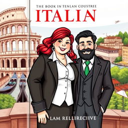 Book cover with an Italian backdrop, featuring a chubby woman with red hair in formal attire