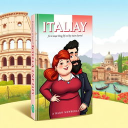 Book cover with an Italian backdrop, featuring a chubby woman with red hair in formal attire