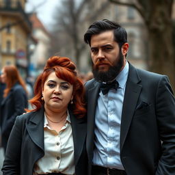 A real-life portrayal of a chubby woman with red hair, wearing formal clothing, standing next to a man with a beard and black hair, an Italian in a suit