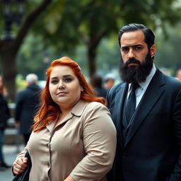 A real-life portrayal of a chubby woman with red hair, wearing formal clothing, standing next to a man with a beard and black hair, an Italian in a suit