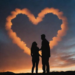 A landscape-oriented image featuring the silhouette of a couple holding hands, looking up at a cloudy sky with a heart-shaped opening, all bathed in an orange glow.