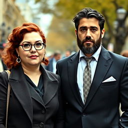 A real-life portrayal of a chubby woman with red hair, wearing formal clothing, standing next to a man with a beard and black hair, an Italian in a suit