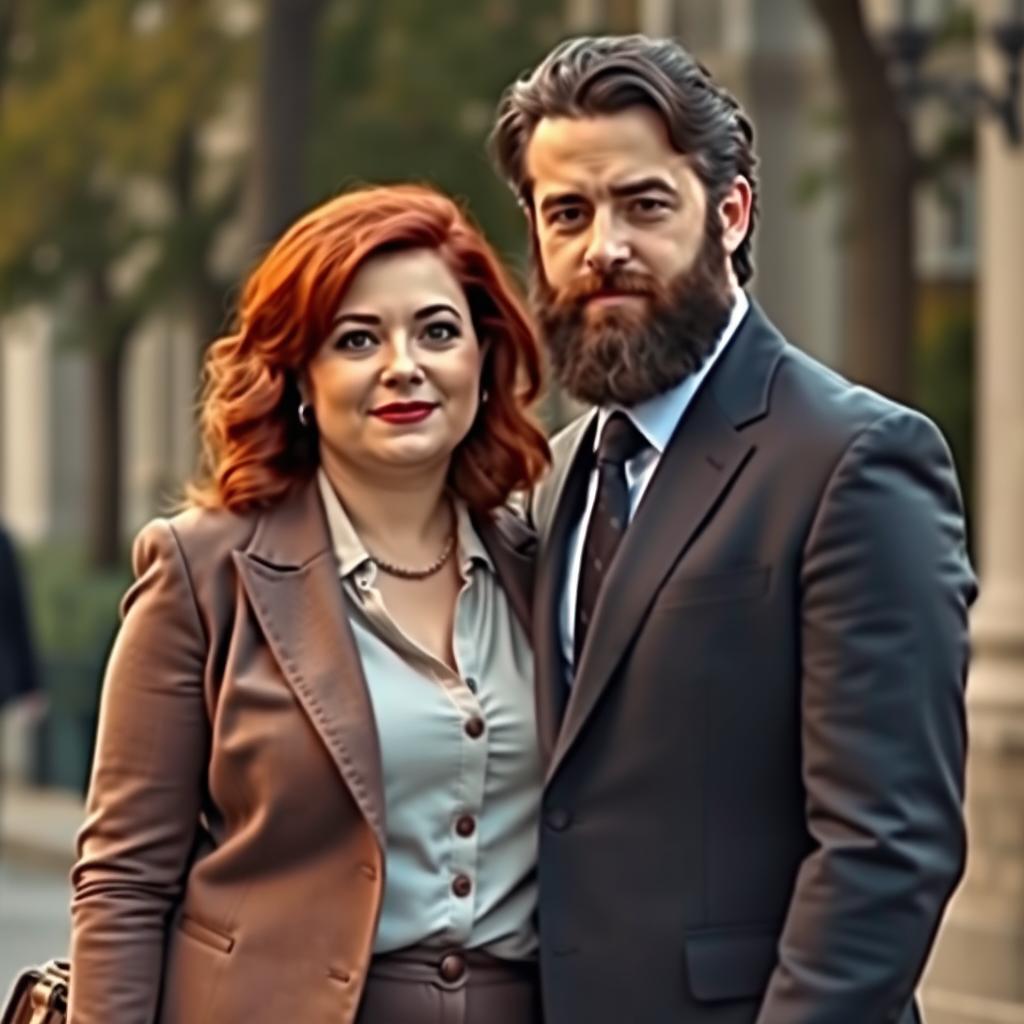 A real-life portrayal of a chubby woman with red hair, wearing formal clothing, standing next to a man with a beard and black hair, an Italian in a suit