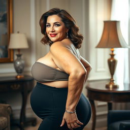 A mature and confident woman with a voluptuous figure, highlighting her curvaceous body with large breasts and a prominent behind