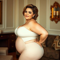 A mature and confident woman with a voluptuous figure, highlighting her curvaceous body with large breasts and a prominent behind