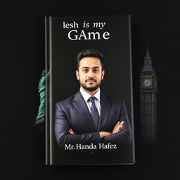 Create a compelling book cover for "English is my Game" with an elegant and authoritative theme